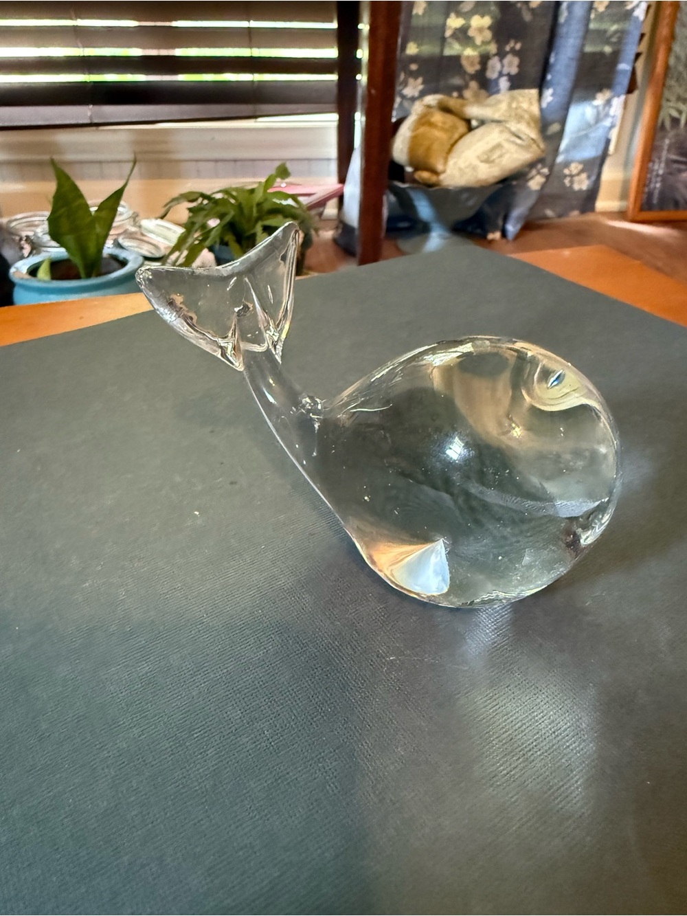Clear Glass Whale Paperweight Figurine - Decorative Accent 4 x 2.5in - Taiwan